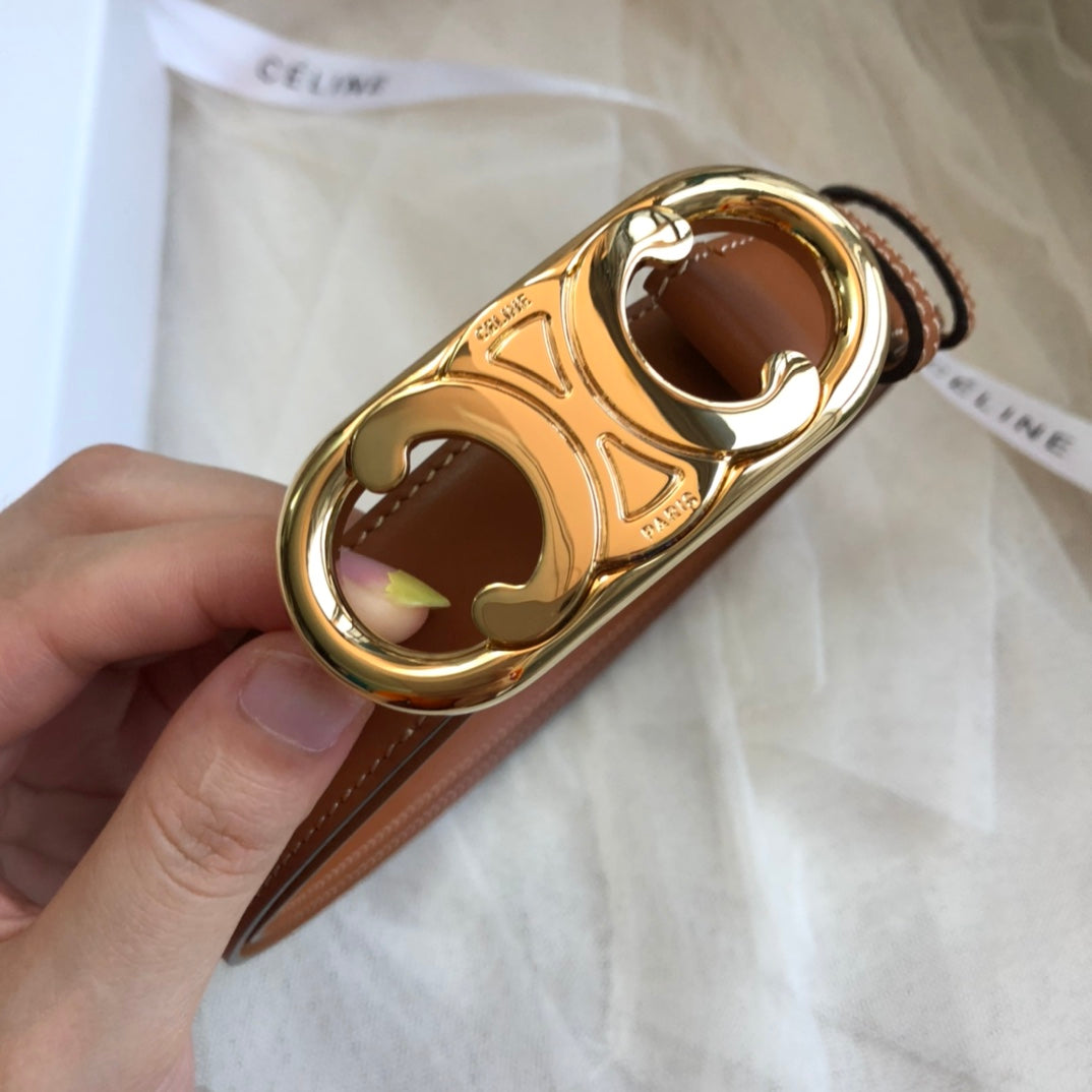 CELINE 25S BELT 25MM IN DARK CARAMEL CALFSKIN GOLD HARDWARE 562437