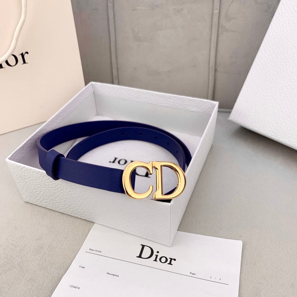DIOR 25S BELT 20 MM IN NAVY BLUE CALFSKIN WITH GOLD HARDWARE 590778