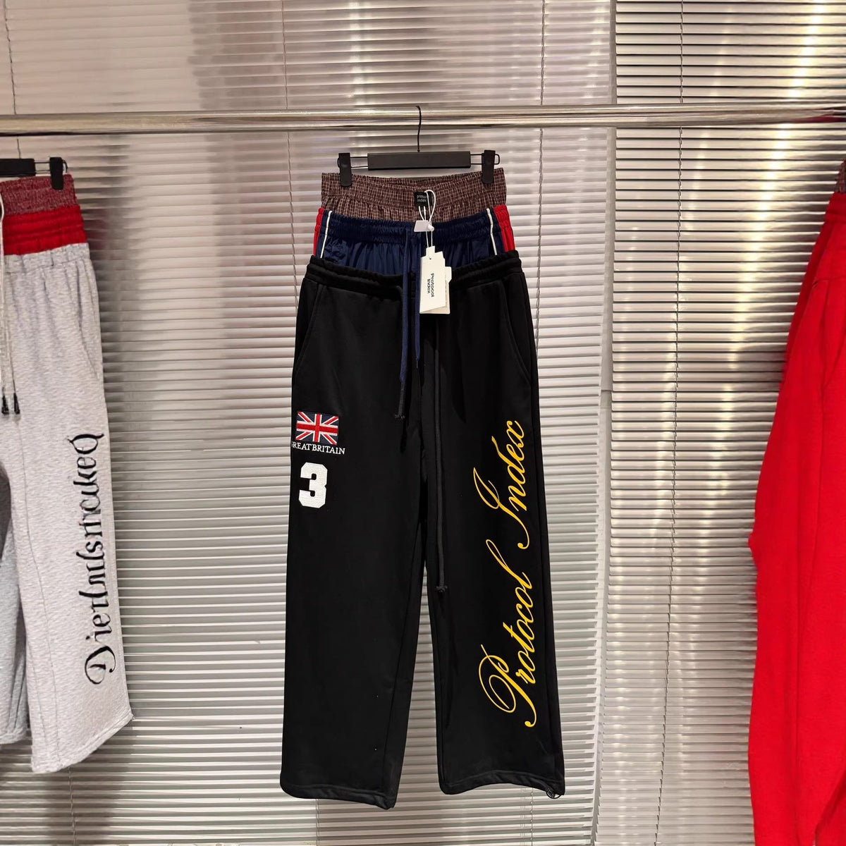 Protocol Index British Flag Embroidery Triple Waist Wide Leg Sweatpants