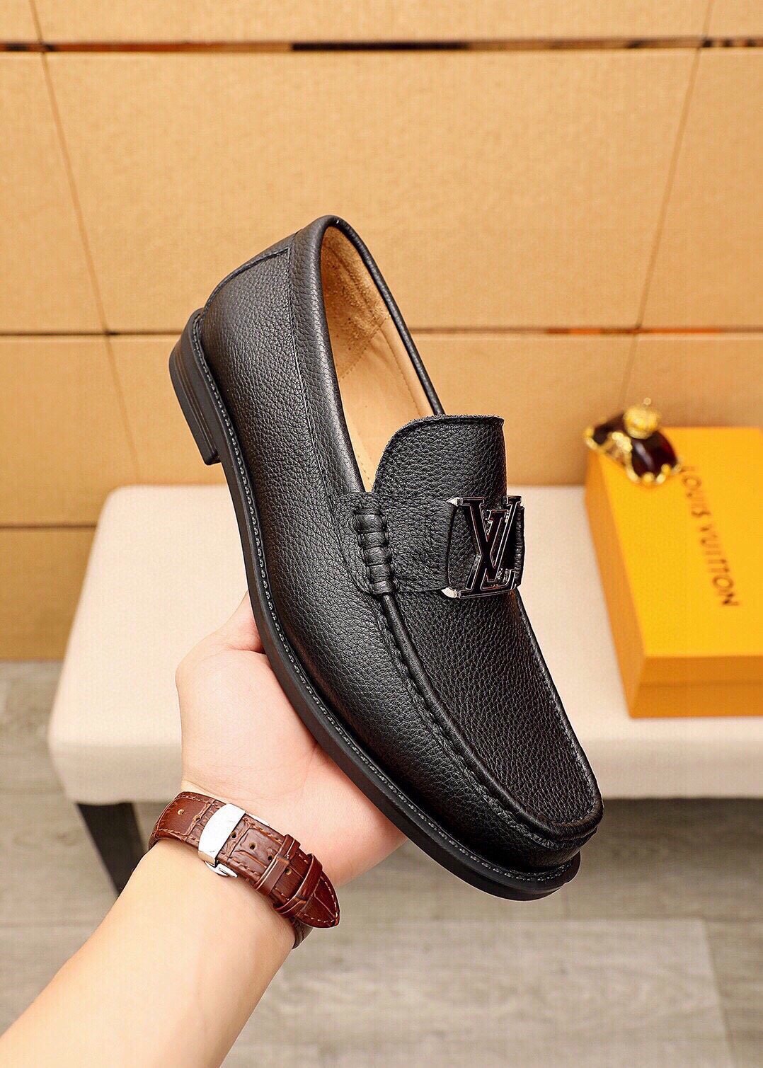 Louis Vuitton Black Pebbled Loafers - Monogram Detail