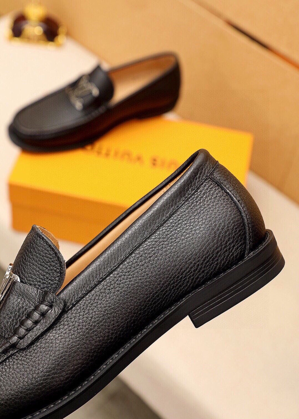 Louis Vuitton Black Pebbled Loafers - Monogram Detail