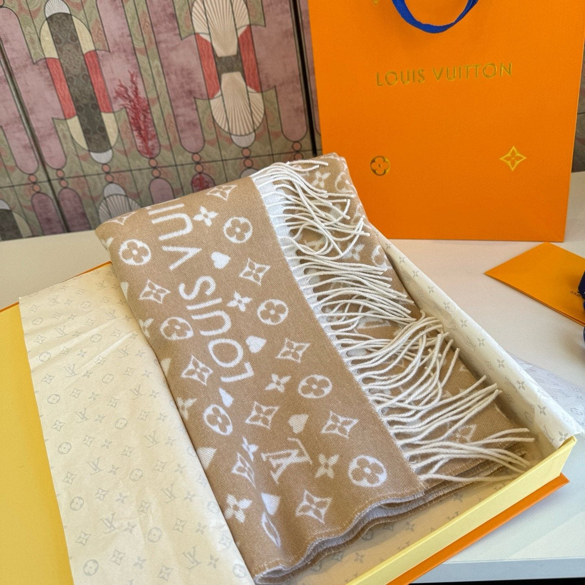 Louis Vuitton Taupe Monogram Fringe Scarf