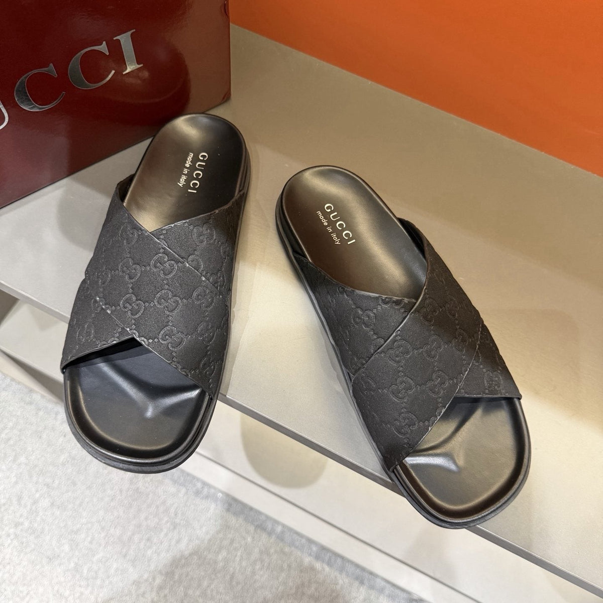 Gucci Men's Black Crisscross Strap Slide Sandals