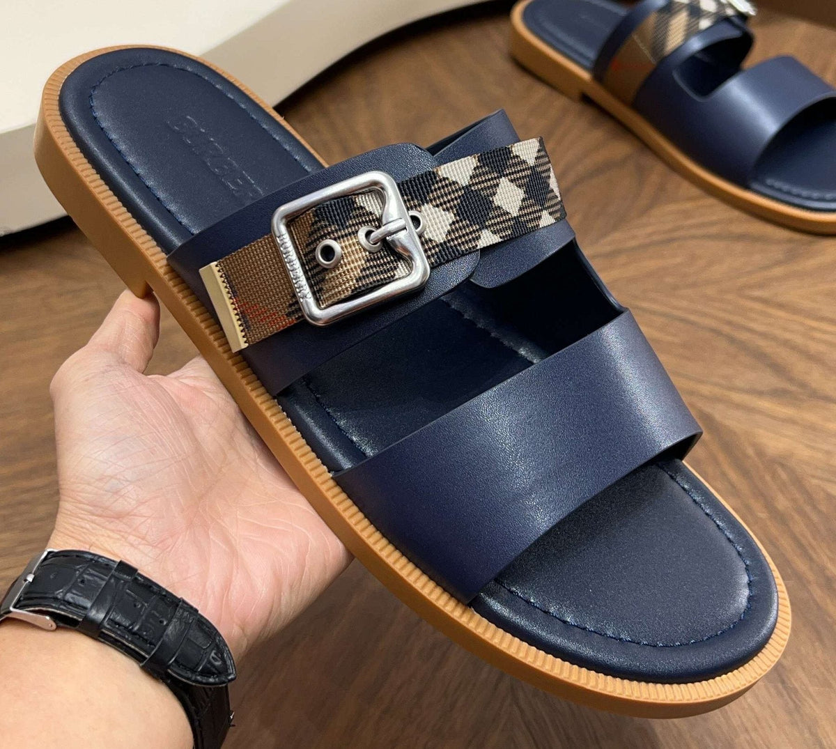 Burberry Plaid Buckle Slide Sandals