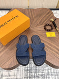 Louis Vuitton Embossed Navy Blue Slide Sandals