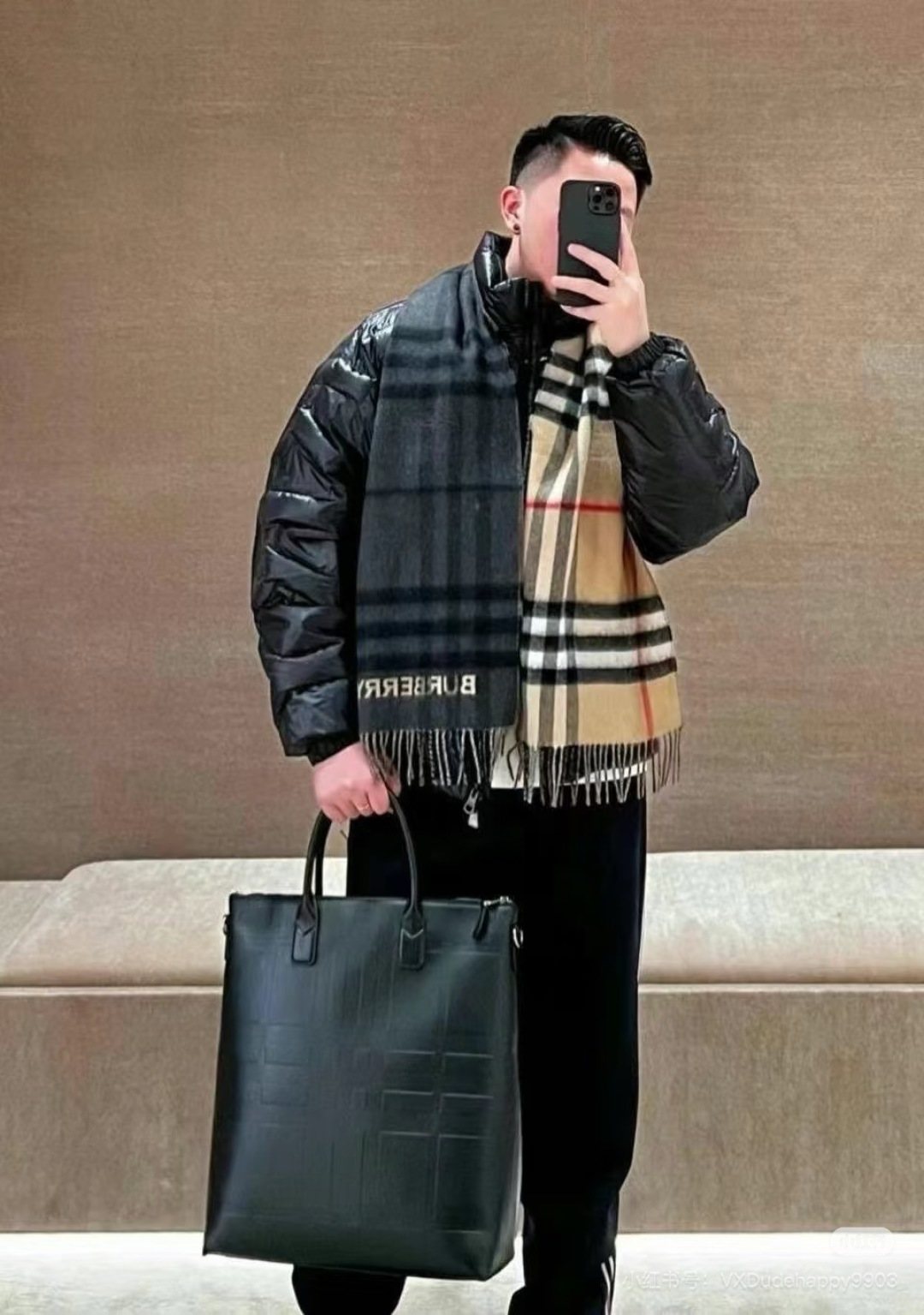Burberry Charcoal Gray and Beige Plaid Scarf